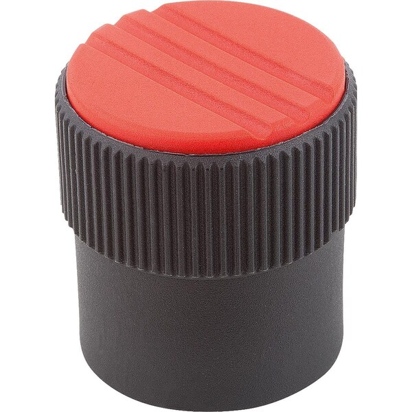 Knurled Knob Size:3, D1=34, H=36, D=8, Form:A, Plastic Black Ral7021, Comp:Steel, Cap:Red Ral3020
